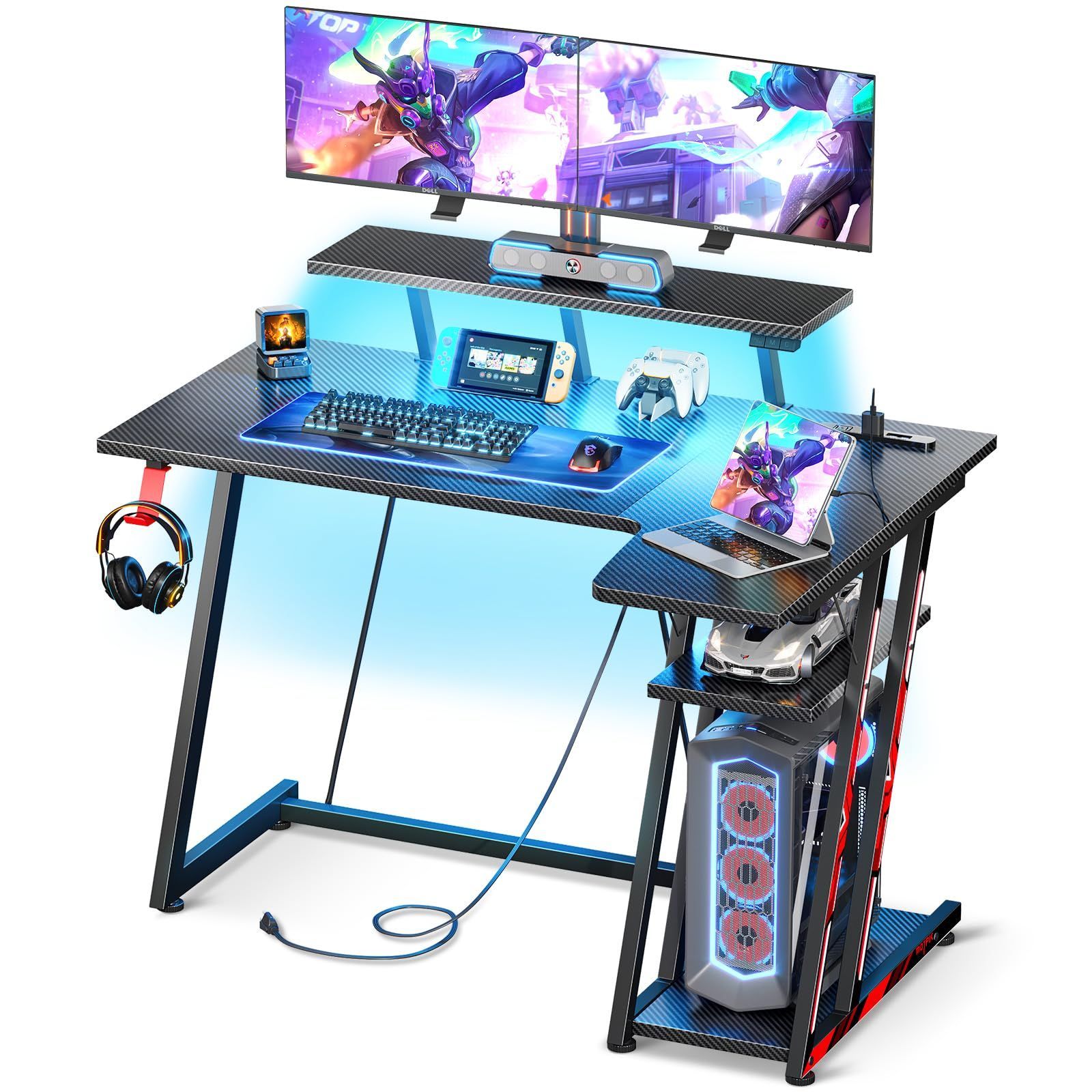 ゲーミングテーブル モニター台付き フック付き 炭素繊維天板 コンセント付き PCデスク パソコンデスク L字デスク ゲーミング机 LEDライト付き 幅100cm*奥行50cm*高さ75cm ゲーミングデスク ブラ