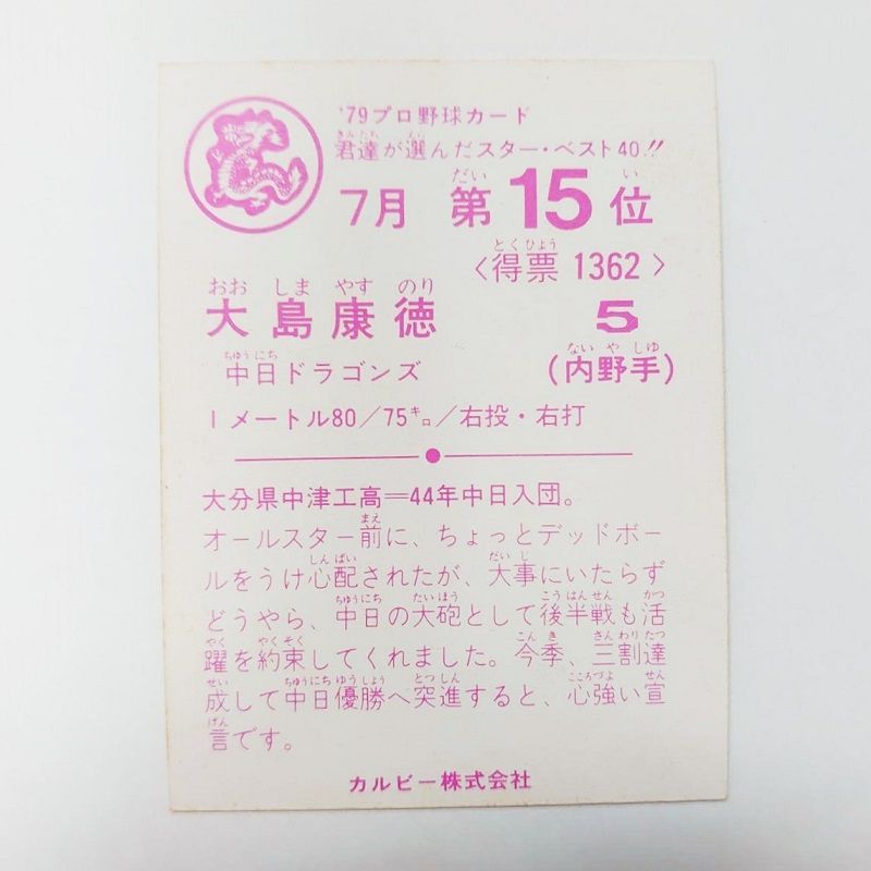 カルビー、プロ野球カード、1979年、中日ドラゴンズ、大島康徳 プロ野球カード 1979年 中日ドラゴンズ 大島康徳 カルビー
