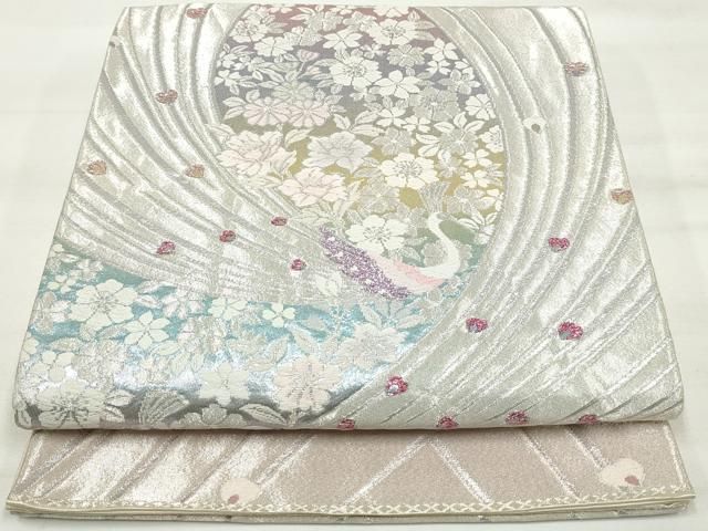 平和屋着物◎六通柄袋帯 唐織 亀甲草花文 黒地 金銀糸 正絹 逸品