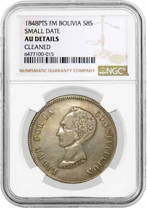 1848 PTS FM Potosi Mint Boli 8 Soles Silver NGC AU Details Cleaned Coin