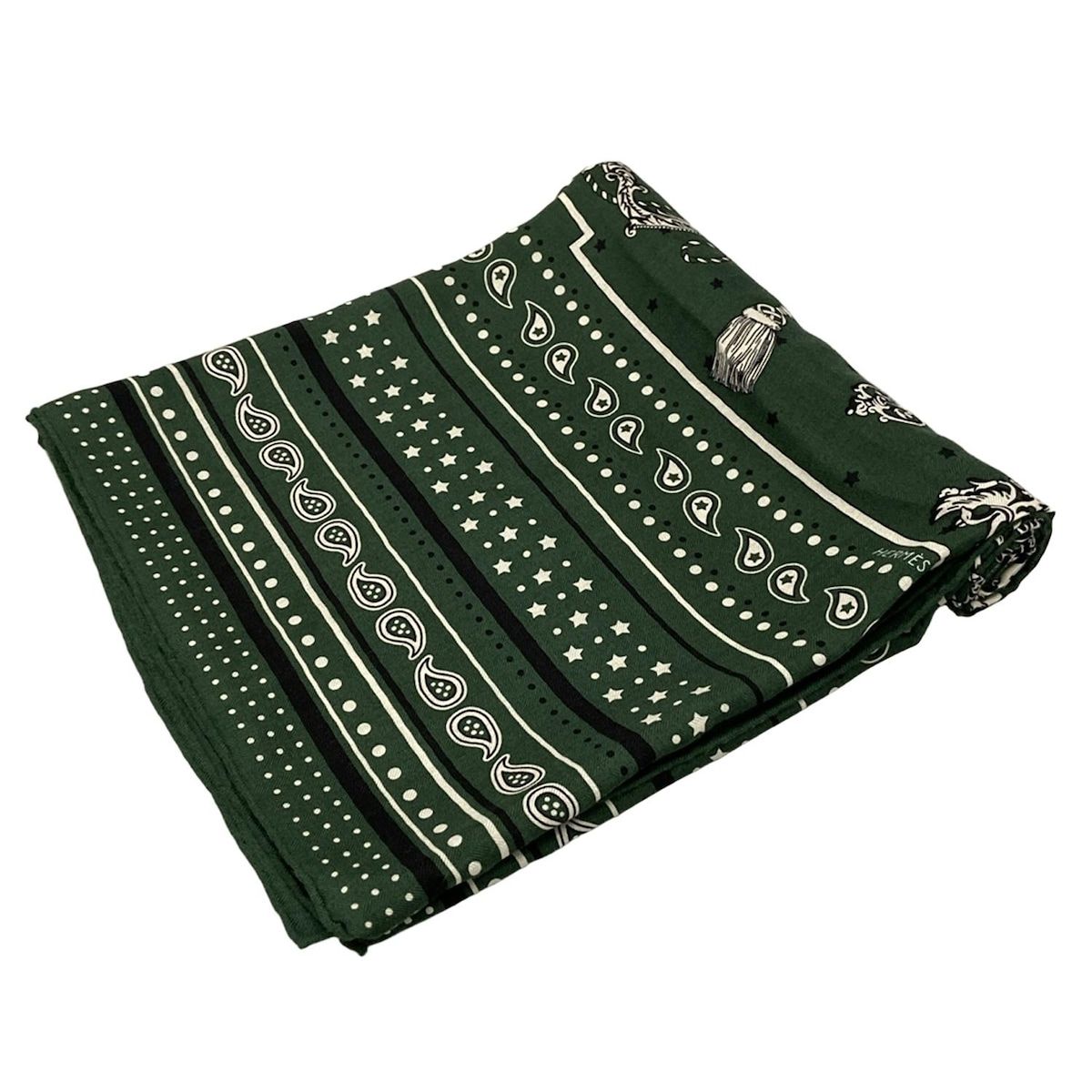 HERMES エルメス ストール ショール カレジェアン|カレ140 グリーン×白×黒 ペイズリー柄|キー 鍵 |LES CLES BANDANA カシミヤ シルク