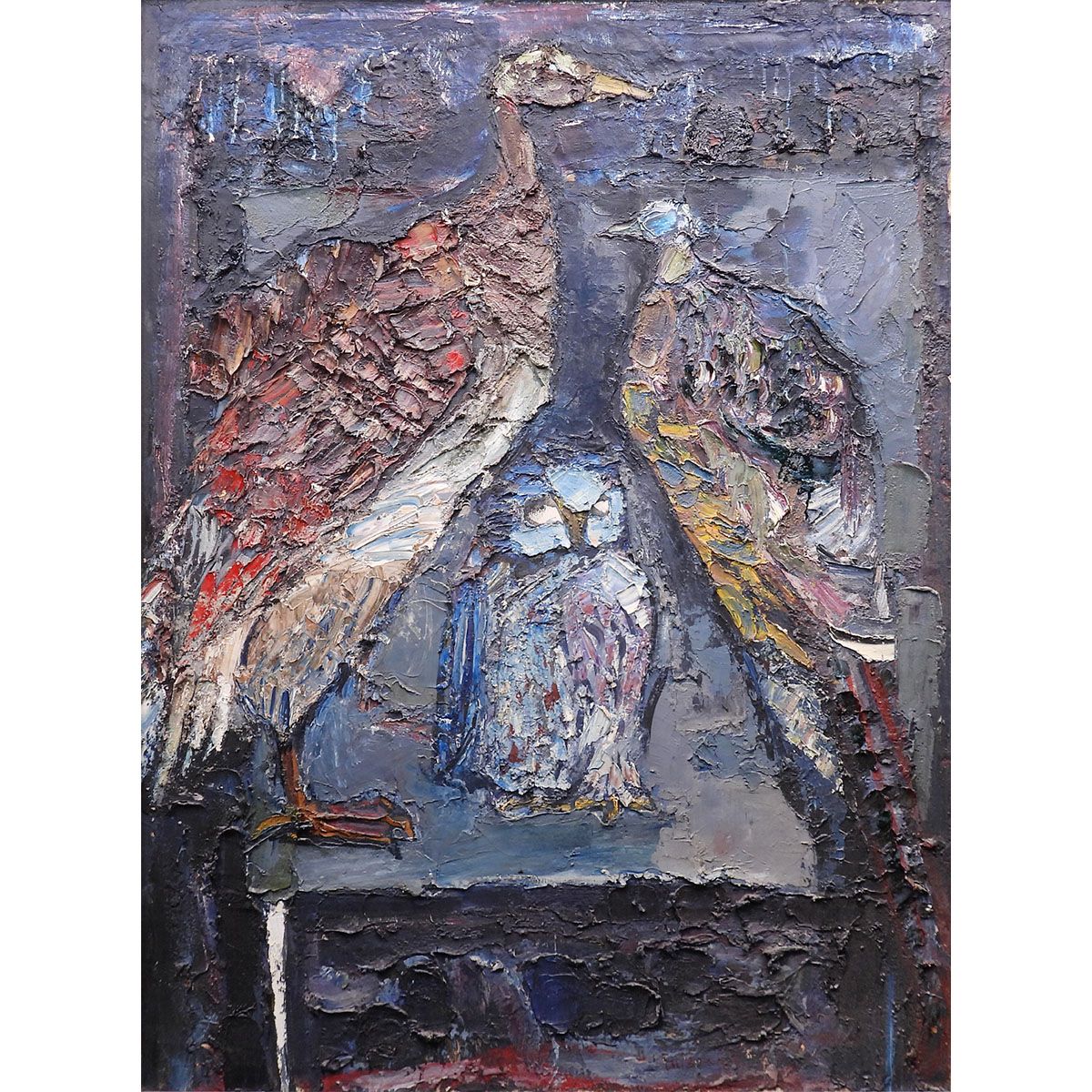 福島瑞穂 机上三羽 油彩60号 動物画 鳥 ふくろう 原画 油絵 絵画 真作保証 福島瑞穂 机上三羽 油彩60号 動物画 鳥 ふくろう 孔雀 美術館所蔵多数