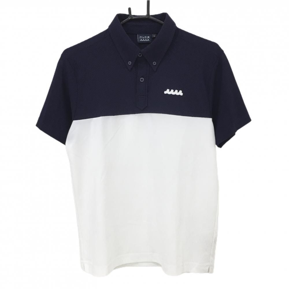 超美品】ムータ 半袖ポロシャツ ネイビー×白 バイカラー 異素材 ボタン  