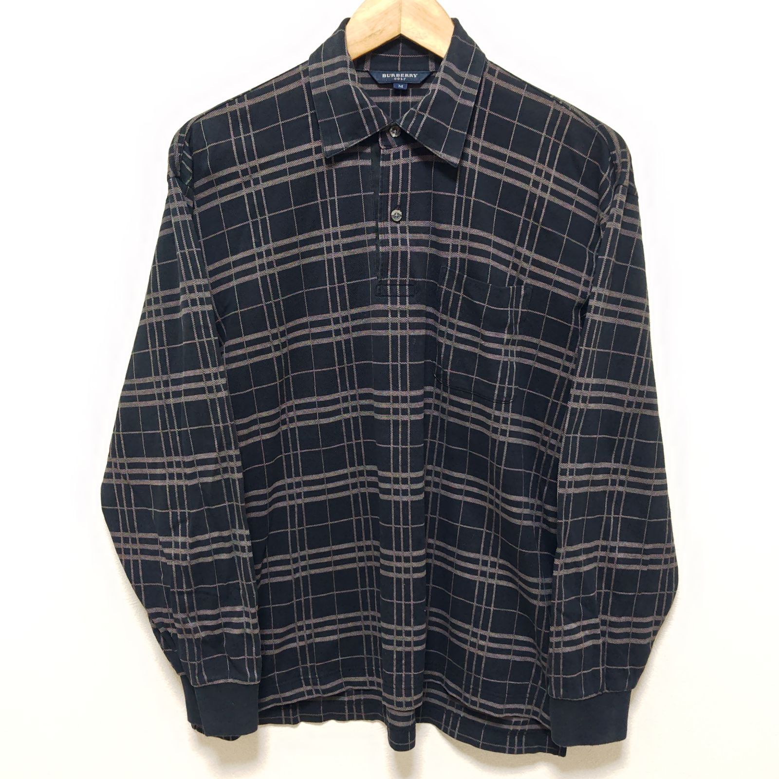 ブランド ◎ BURBERRY GOLF バーバリー ゴルフ ウェア ポロシャツ 長袖 シャツ トップス ハーフボタン 通気性 チェック ロゴマーク 刺繍 スポーツ ブラック ベージュサイズM|M30092ja