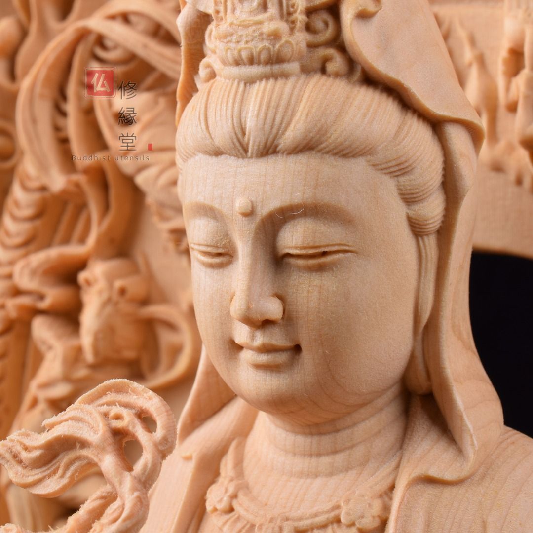 修縁堂】木彫り 仏像 観音菩薩座像 彫刻 一刀彫 天然木檜材 仏師