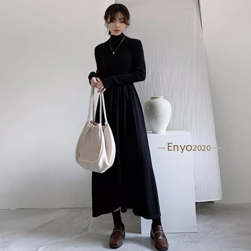 ワンピース ニット ハイネック 切り替え リブニット 長袖 フレア