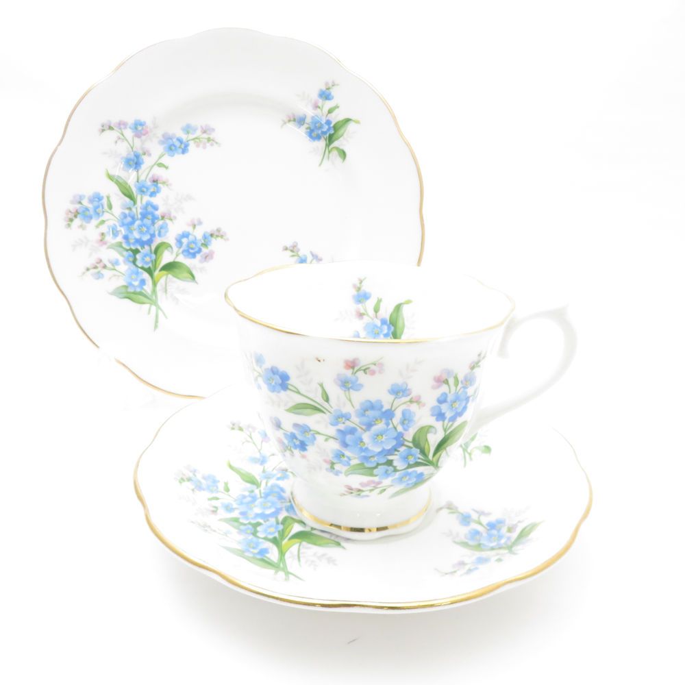 美品 ROYAL ALBERT ロイヤルアルバート 忘れな草 勿忘 フォーゲットミーノット ティーカップ＆ソーサー 16cmプレート 2点 トリオ 中皿 ケーキ デザート 紅茶 花 英国 SU8521K 