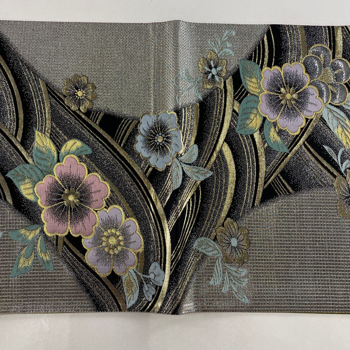 袋帯 逸品 華文 草花 金糸 刺繍 灰緑 六通 正絹 【中古】 袋帯 正絹