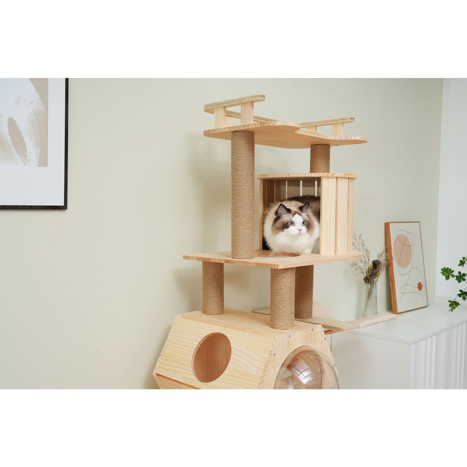 キャットタワー 木製 天然木 高さ164cm 展望台 ハンモック付き