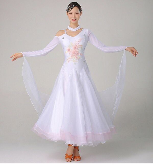 社交ダンスドレス フロート 上品 競技用 社交ダンス衣装 ワンピース スタンダード ドレス キラキラ 社交ダンス ダンスウエア 広がる 舞台 豪華 長袖 ワルツ 発表会 団体 パーティー デモ 白 S M L XL 2XL 3XL
