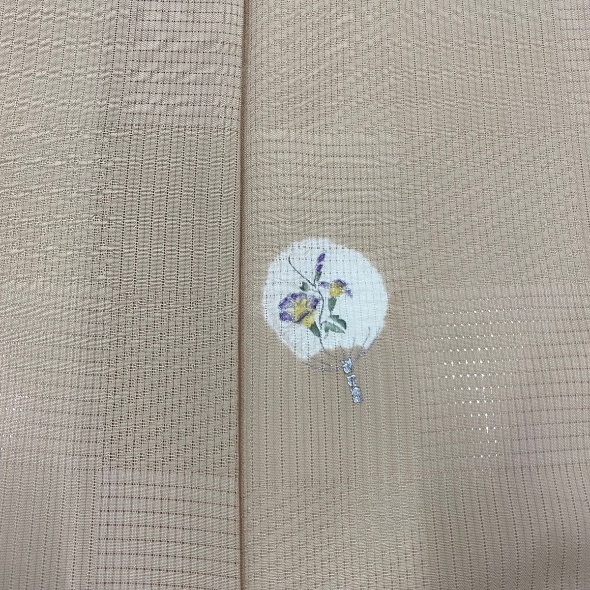 小紋 身丈157cm 裄丈64.5cm M 薄物 団扇 草花 絞り 銀彩 ベージュ 正絹  