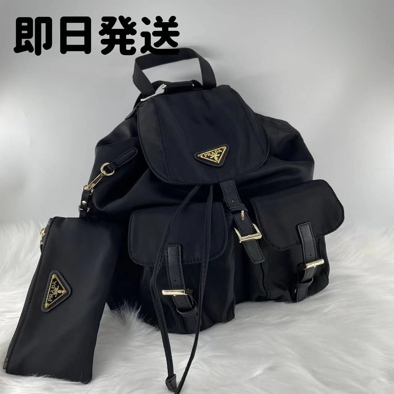 美品 プラダ PRADA リュック バックパック 三角ロゴプレート かつい ネームタグ付