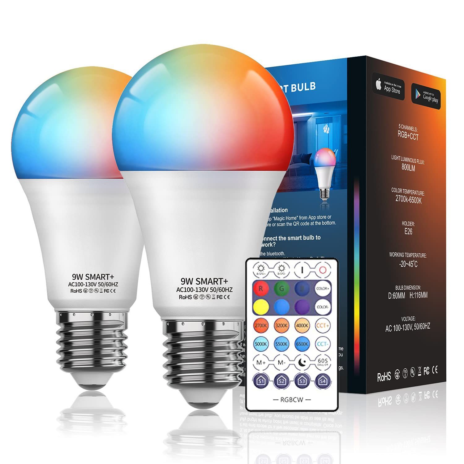 HaoDeng WiFi スマート LED電球 Alexa対応 Google Home対応 マルチカラー 調光調色 9W E26 100V 800lm 家電照明 超省エネライト 目覚め 2個セット(リモコン付)