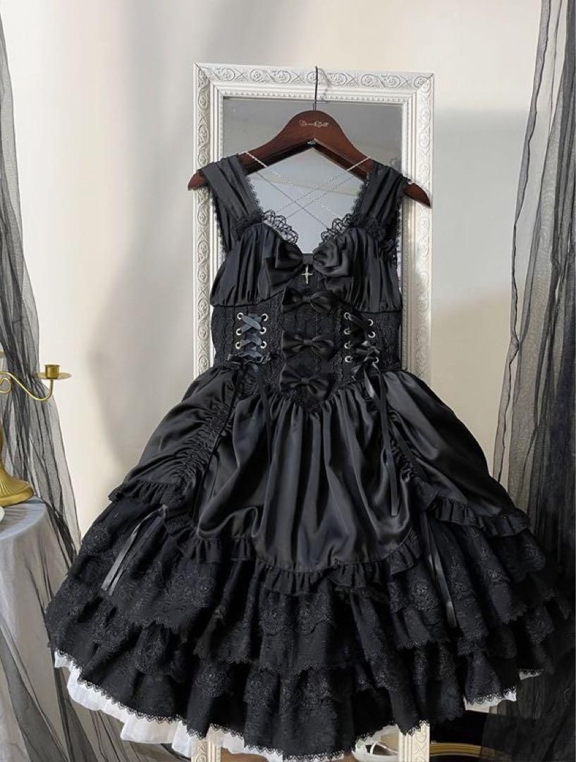 ロリィタ セットアップ地雷系ゴシックロリータフリル付き黒
