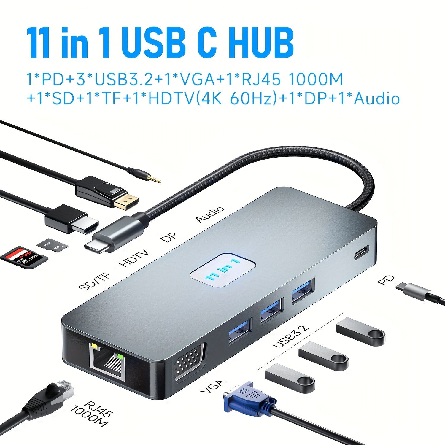 11-in-1 USB-C ハブ ドッキングステーション イーサネット VGA 3x USB 3.2 USB-C PD 100W SD|TF カードリーダー HDTV 4K DP 3.5mm オーディオ - ノートパソコン タブレット MacBook 携帯電