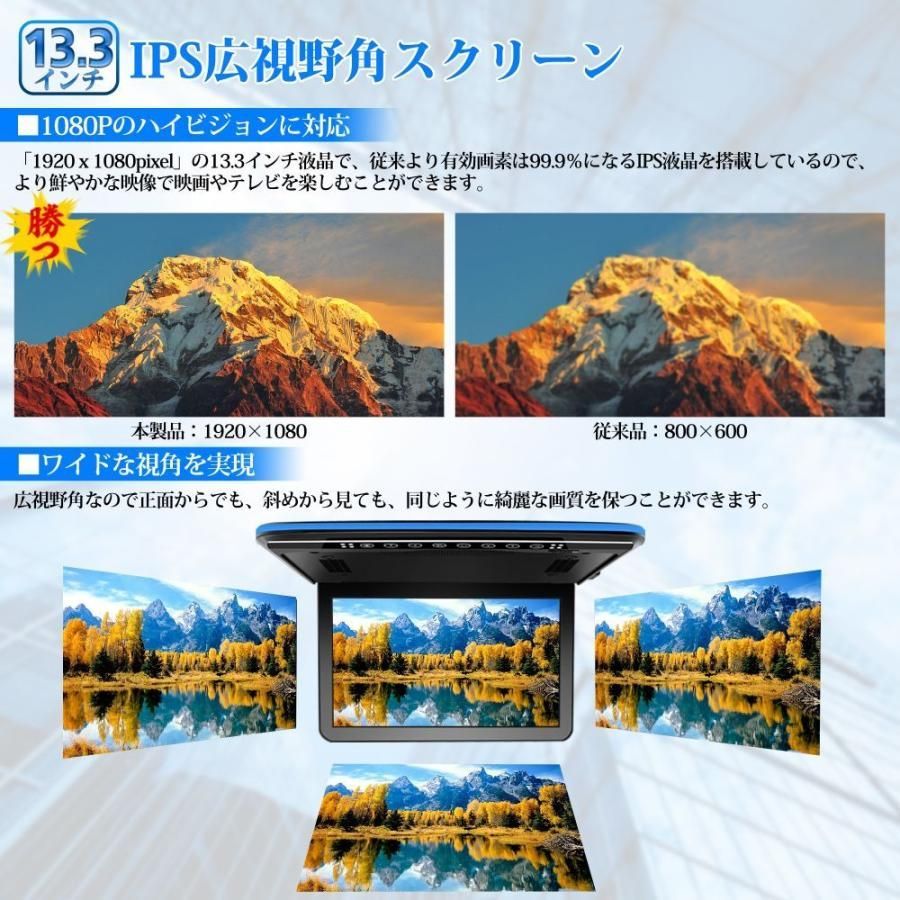 13.3インチフリップダウンモニター フルHD 1080P 超薄型 軽量化 全開120度 LEDルームランプ付き HDMI入力可能 MicroSD/ USB RCA PR223 - メルカリ