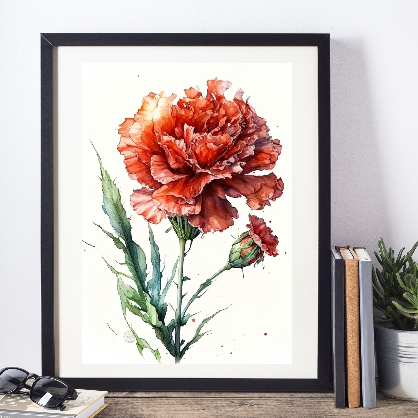 カーネーション 水彩画 赤い花 ボタニカル アートポスター Flower 
