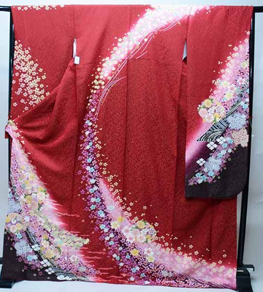振袖 正絹 着物 単品 仕立て上がり 百花繚乱 ラメ 桜 赤色 渋い赤色 