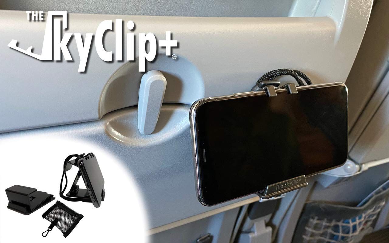 SkyClip+ 携帯電話u0026タブレットホルダー 飛行機旅行 自宅 オフィス用 - 機内電話マウントu0026スタンド iPhone Android Kindle タブレット対応 - 究極のトラベルアクセサリー (ブラック) [ブラック] [1 