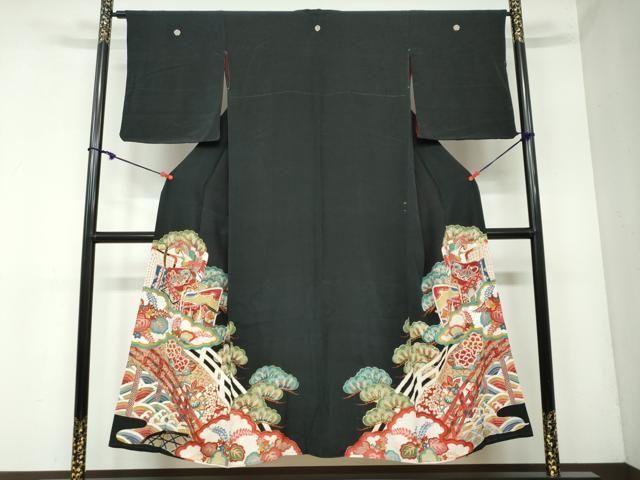 平和屋着物 アンティーク 大正ロマン 黒留袖 御所車双鶴草花文 金彩 正絹 DAAY5455ud