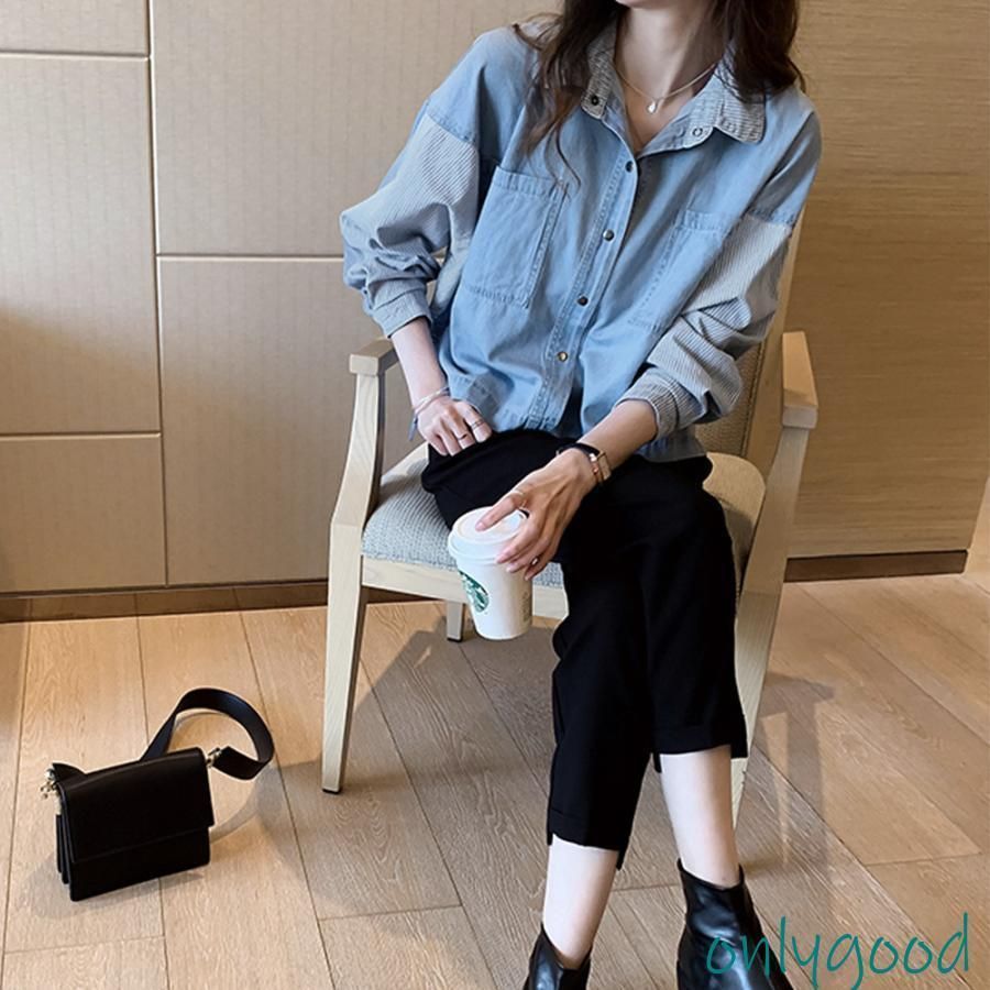 デニム風シャツ レディース 異素材切替 シャツブラウス カジュアル 長袖シャツ 春服 胸ポケット トップス 羽織り おしゃれ 20代30代40代50代 ゆったり 通勤通学 デニム風シャツ レディース 異素材切替 シャツブラウス