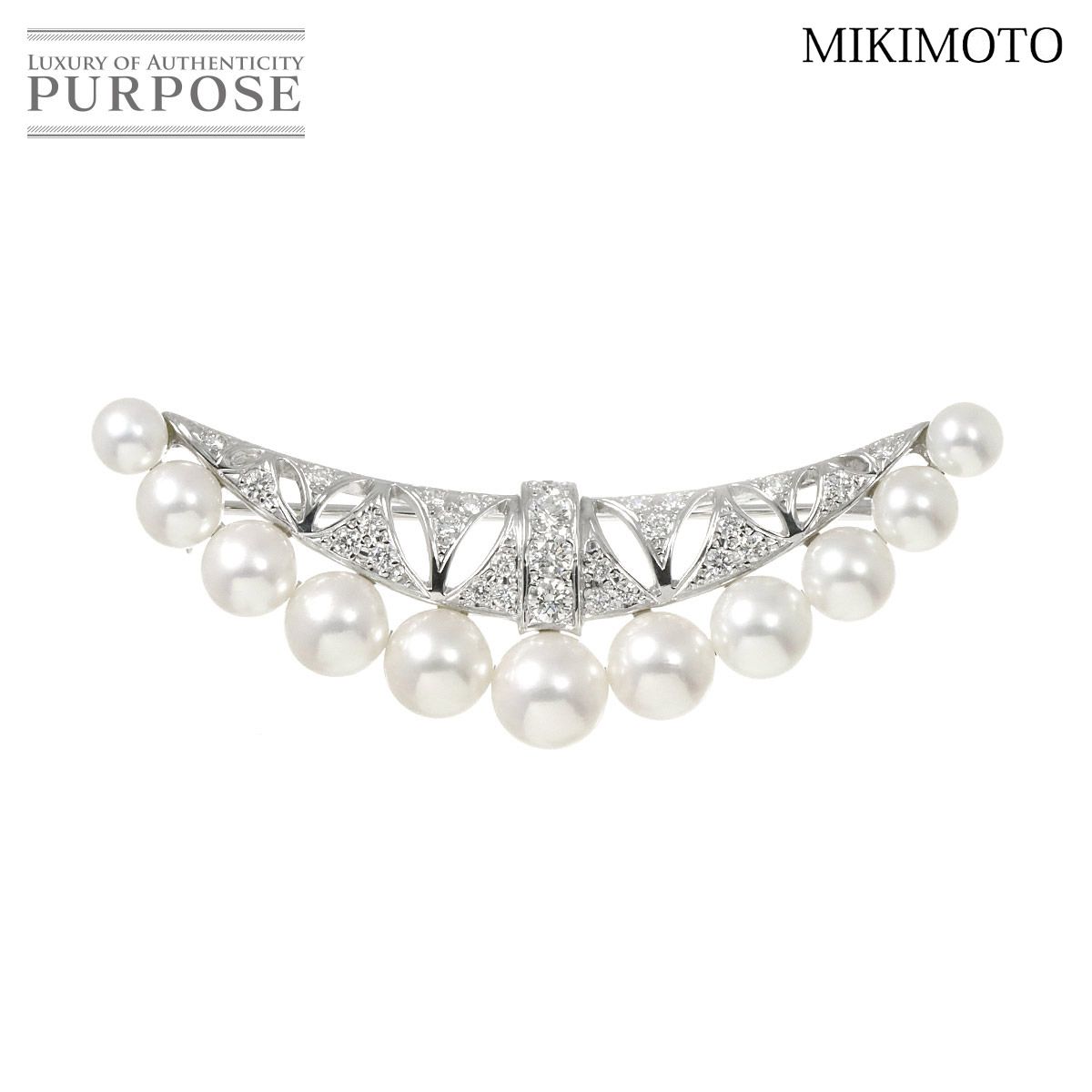 ミキモト MIKIMOTO アコヤ真珠 7.1-4.6mm ダイヤ 0.63ct ブローチ K18 WG ホワイトゴールド 750 パール Akoya Pearl Brooch 90274179