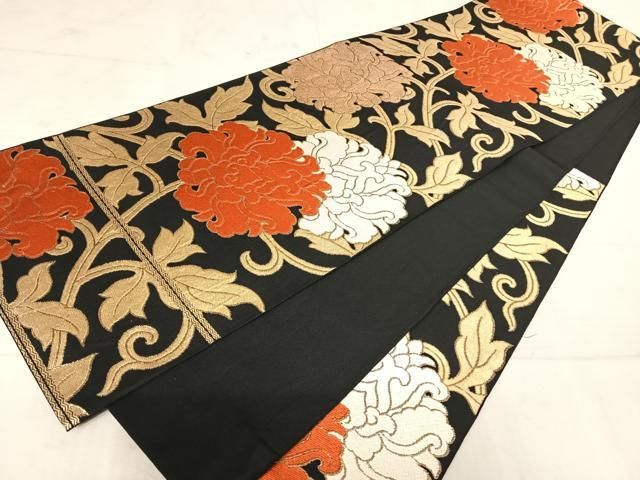 和装バック　新品未使用　西陣　お召生地　正絹　アラベスク模様　濃紺　藍色 平和屋着物◎西陣 服部織物謹製 六通柄袋帯 唐織 花唐草文 黒地