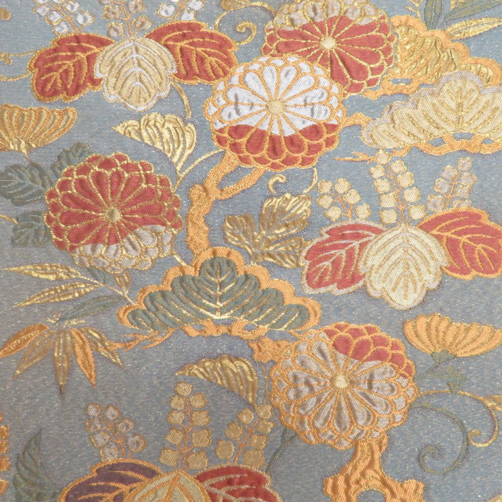 袋帯 瑞花桃山松桐紋 六通柄 灰色x金色x緑色 金銀糸 正絹 仕立て