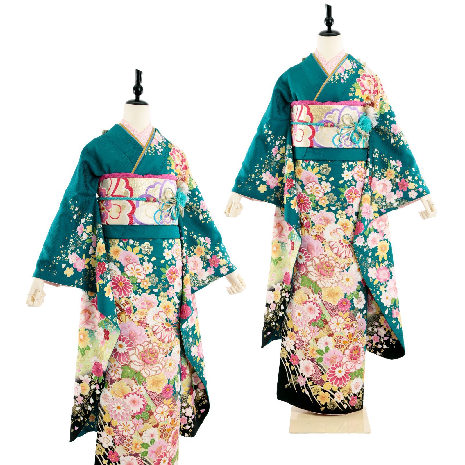 振袖フルセット 袷 牡丹 桜 ラメ 金銀彩 青緑 化繊 美品