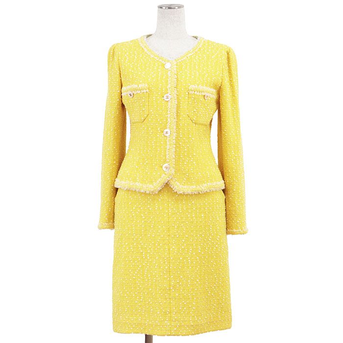 CHANEL シャネル ヴィンテージ 1997年製 セットアップ ツイード P07181 97P COCOマーク ロゴ ボタン ドット ジャケット スカート ウール コットン レディース 36 イエロー ホワイト 黄 白 仏製 カール ラガーフェルド期