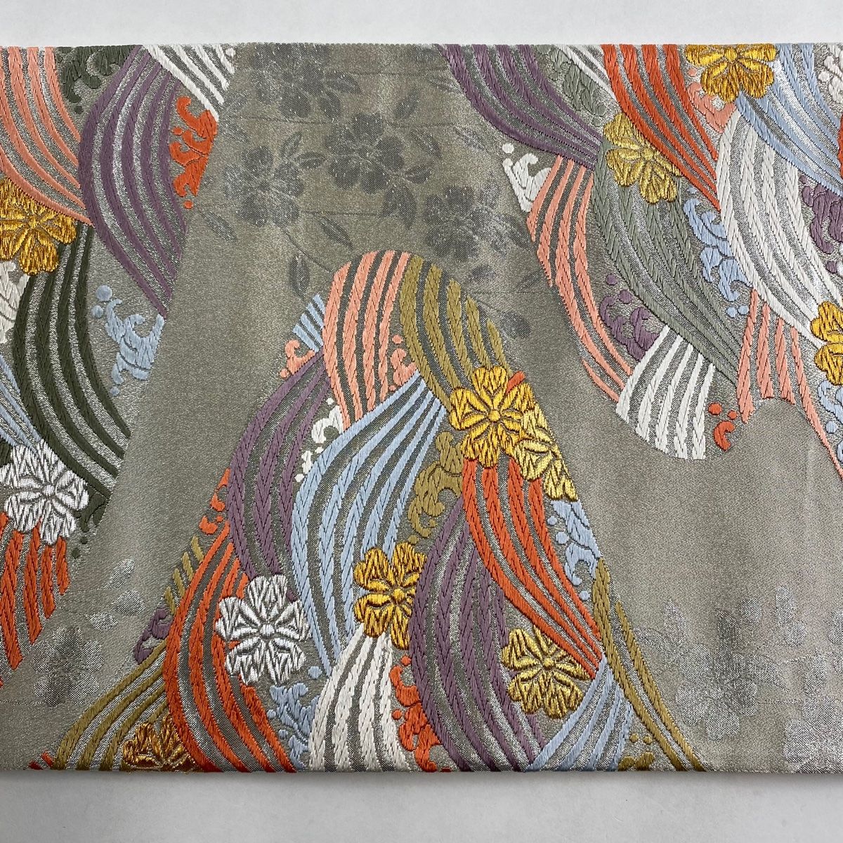 競ナビ】 袋帯 秀品 桜 唐織 金銀糸 青灰色 六通 正絹 【中古】