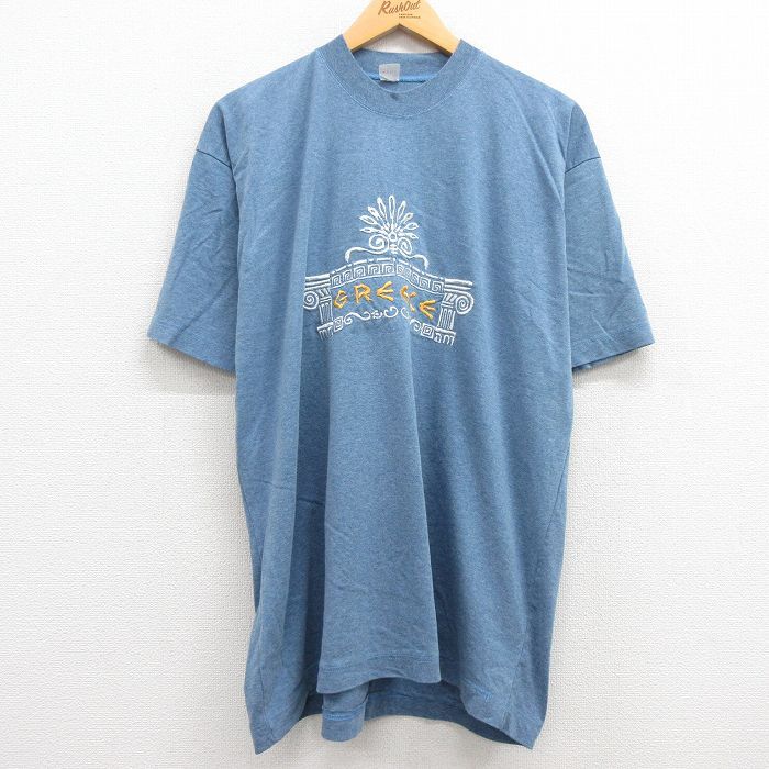 XL/古着 半袖 ビンテージ Tシャツ メンズ 00s ギリシャ 刺繍 コットン クルーネック 紺 ネイビー 霜降り 23apr26 中古