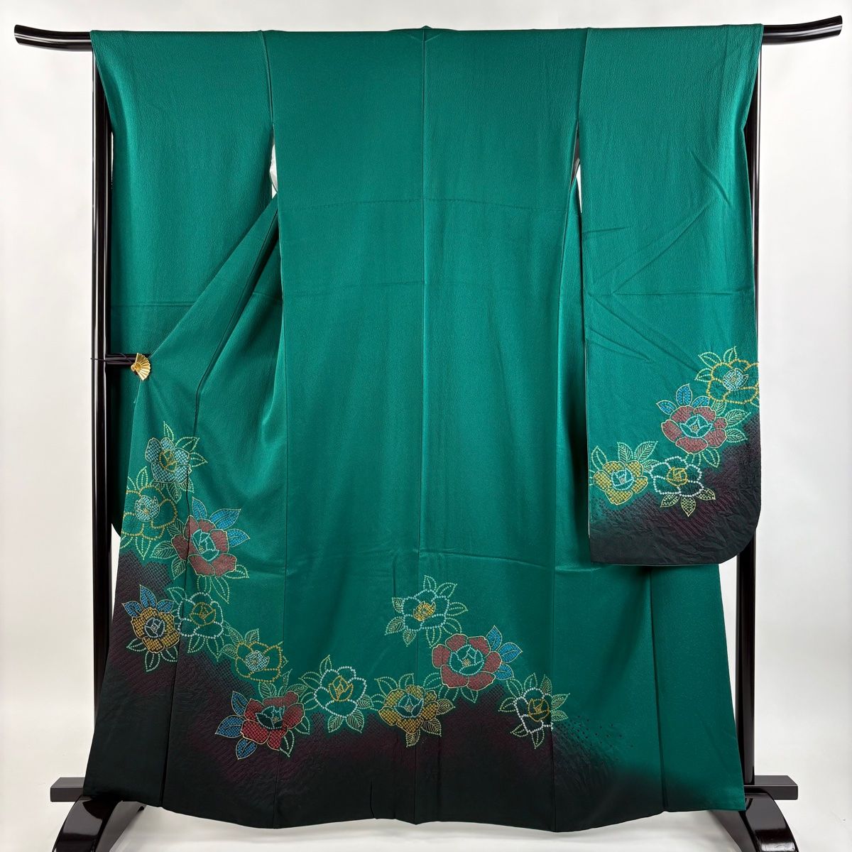 美品　正絹振袖　深緑　6点セット　裄丈68 163cm前後 振袖 身丈163.5cm 裄丈66.5cm M 袷 袋帯フルセット 牡丹 金彩