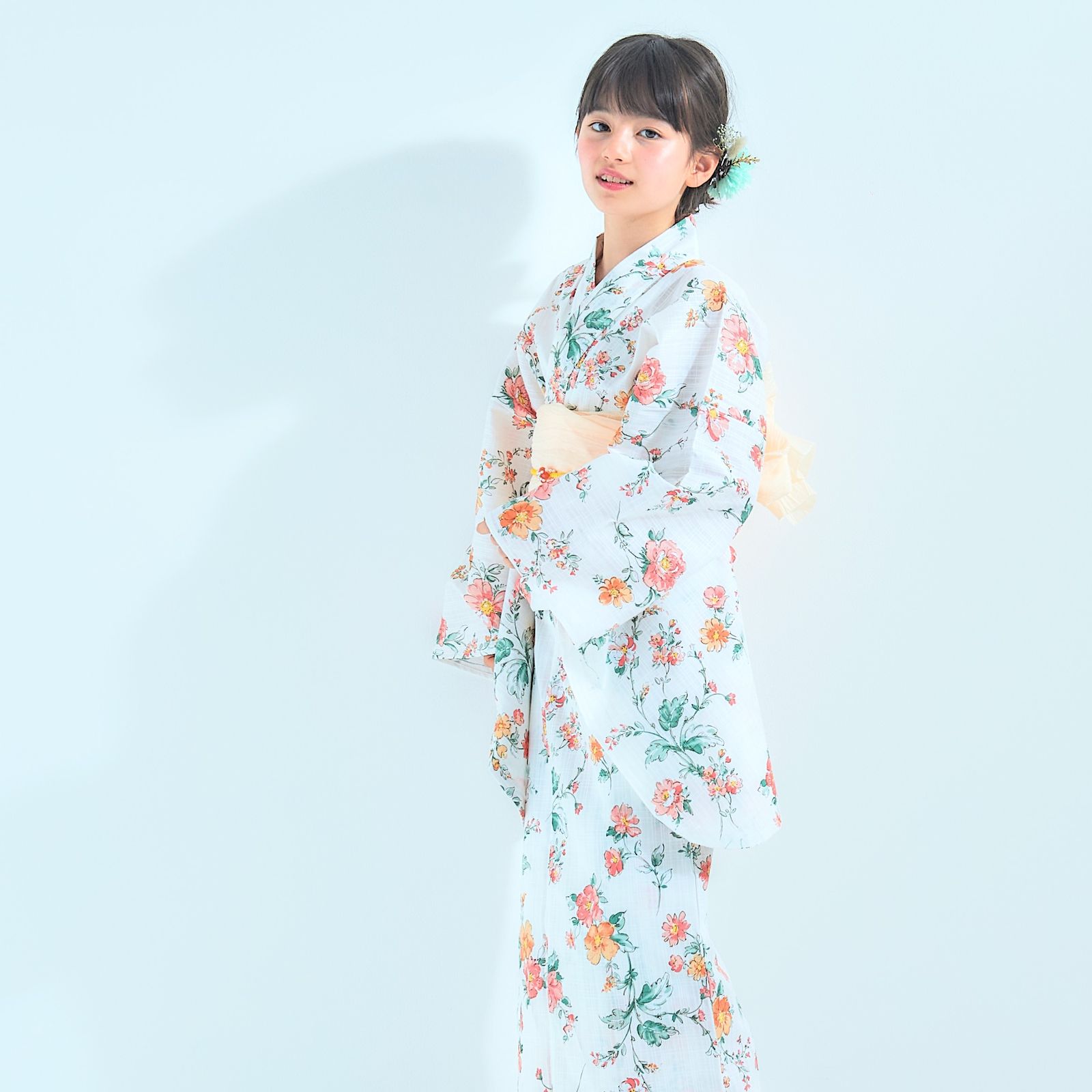 2点セット キッズ 子供 浴衣 しわへこ 帯とセット 白 花柄 110〜150cm OY2-4