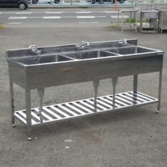 代引不可 業務用 ステンレス 3槽 シンク W1800 D600 H800 90 mm さびあり 厨房 槽内寸W555D450深230mm BS3-186 W180cm