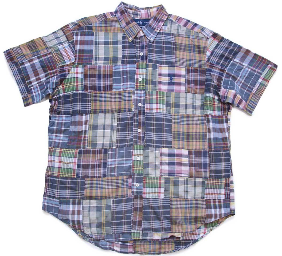 00s ラルフローレン CLASSIC FIT マドラスチェック パッチワーク ボタンダウン 半袖 コットンシャツ XL インド綿 オールド ロゴ刺繍