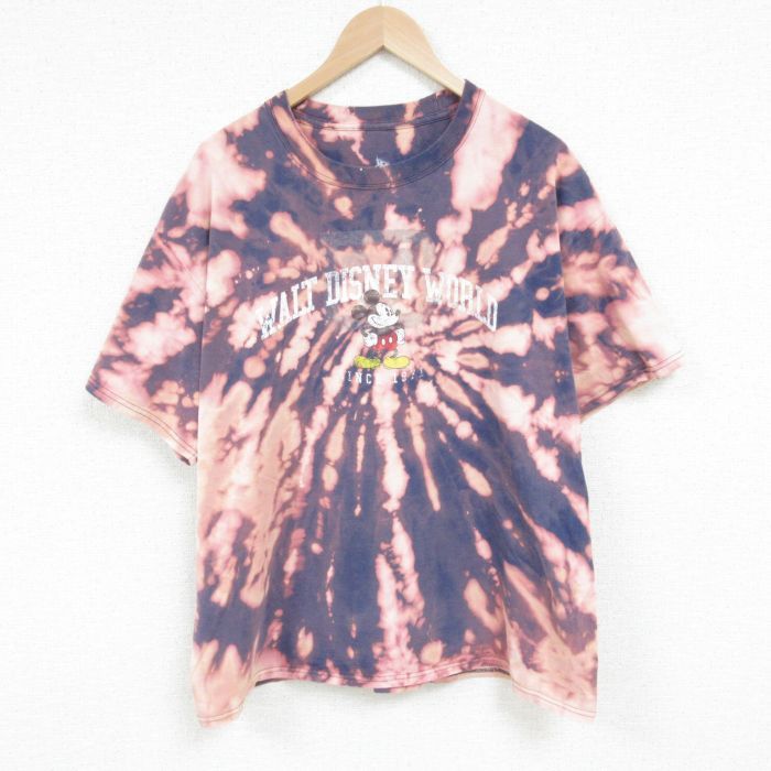 XL/古着 半袖 Tシャツ メンズ ディズニー DISNEY ミッキー MICKEY MOUSE コットン クルーネック 紺他 ネイビー ブリーチ加工 23aug28 中古
