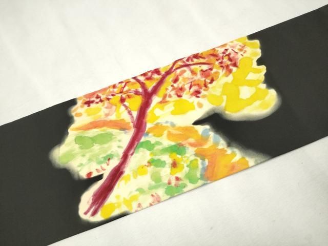 平和屋着物○塩瀬 九寸名古屋帯 手描き 樹林文 黒地 正絹 逸品