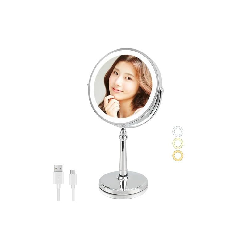 AMZTOLIFE 女優ミラー 9インチ大鏡面 LEDライト付き 化粧鏡 10倍拡大鏡 3色調節 無段階調光 USB充電式 コードレス 360度回転 タッチ式 自然光再現 高色彩還元 鏡 卓上 スタンドミラー （シルバー） 