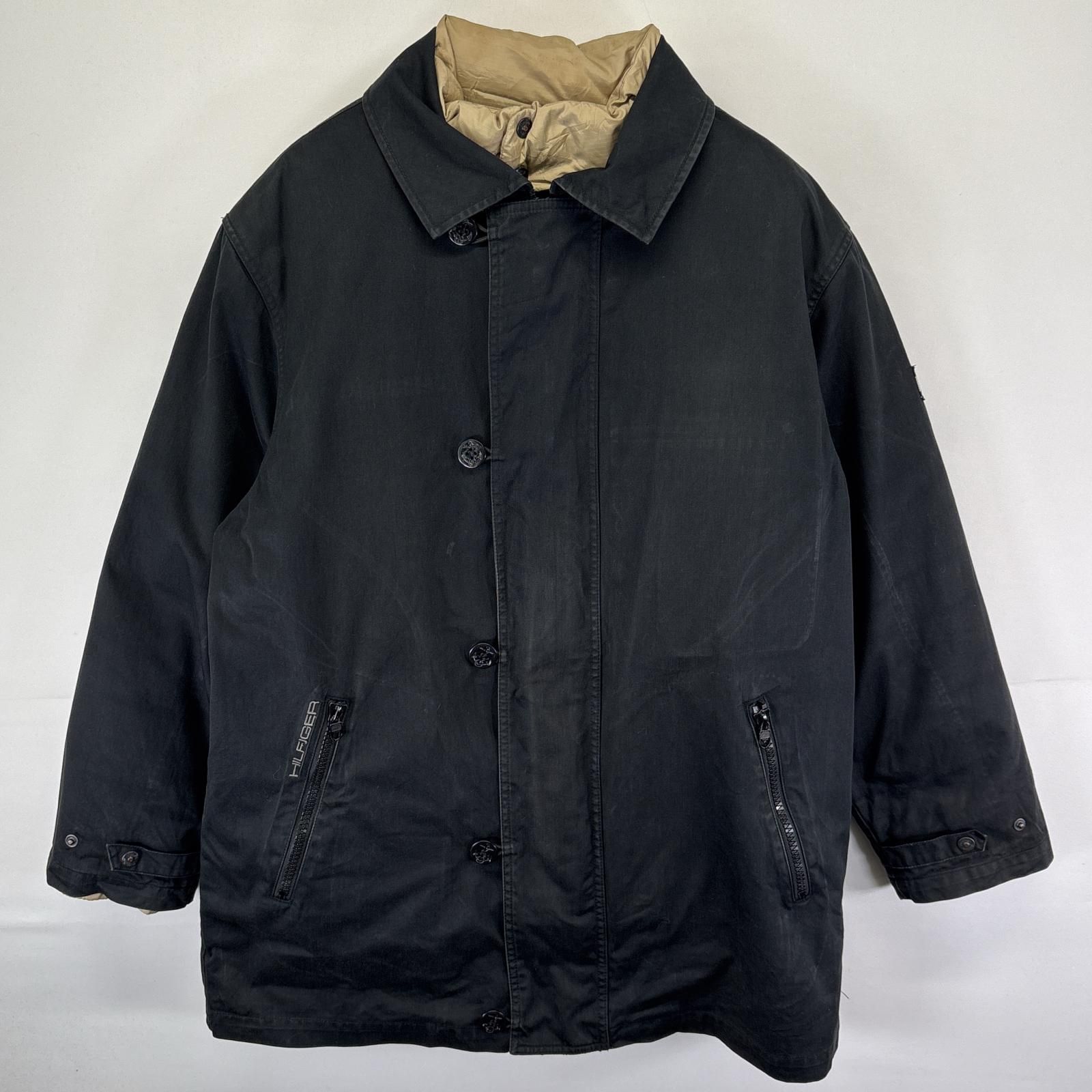 古着 トミーヒルフィガー   コットンジャケット ピーコート風 ワンポイントロゴ刺繍 ライナーダウン付き M  ブラック 古着 トミーヒルフィガー TOMMY HILFIGER コットンジャケット