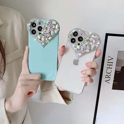 CrazyLemon 適用 iPhone 15 Pro Max ケース クリア かわいい おしゃれ ハート型 キラキラ グリッター ラインストーン デザイン カメラ レンズ 保護 カバー アイフォン15プロマックス ケース シリコー