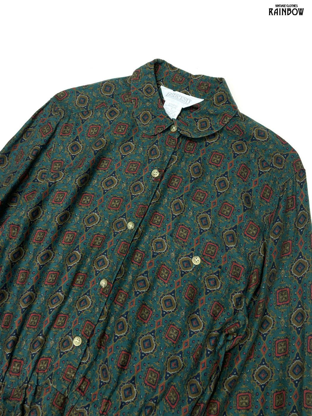 古着 LAND S END ランズエンド 総柄 ロング丈 長袖 ワンピース 緑 otu2509032