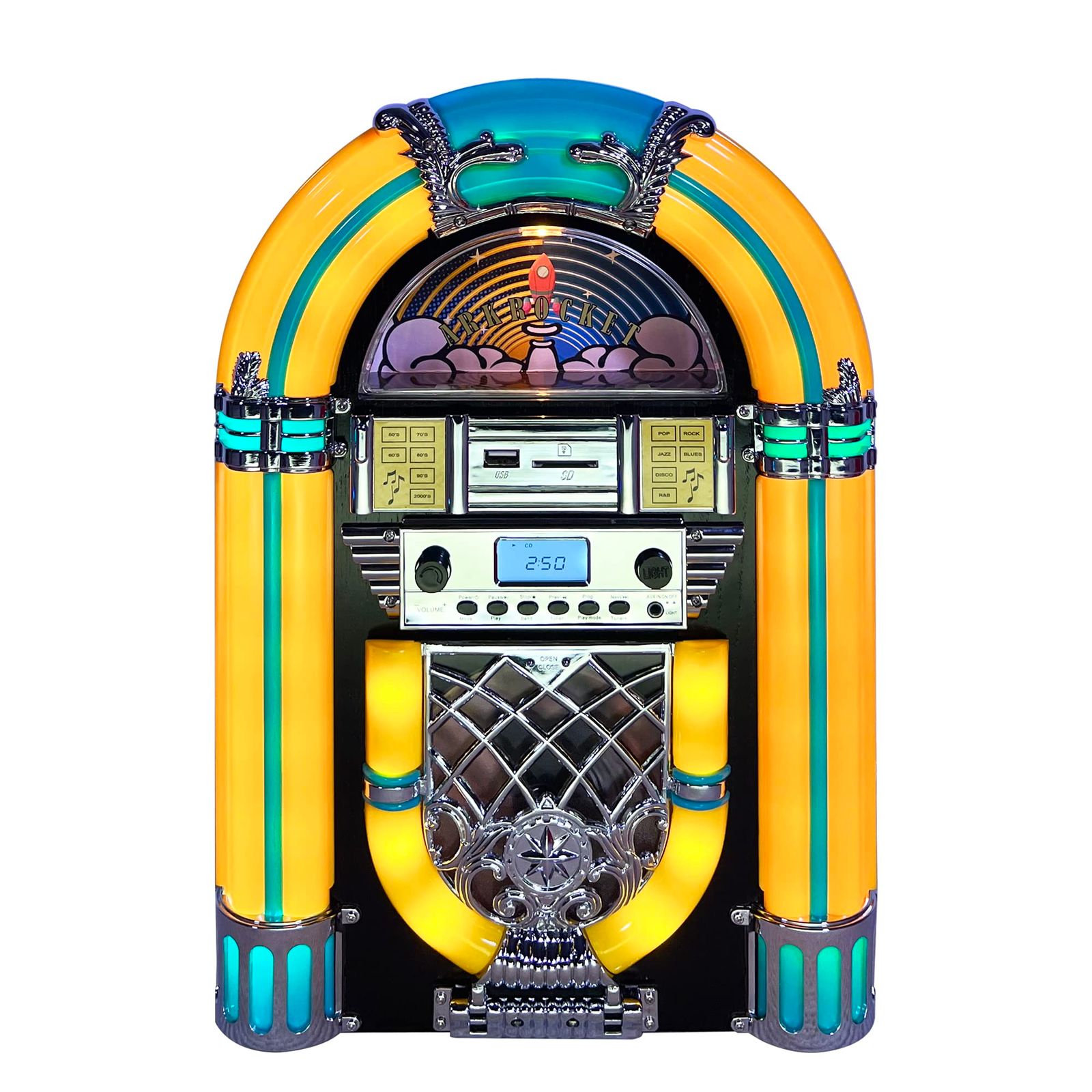 ミニジュークボックステーブルトップCDプレイヤーBluetoothスピーカーラジオUSBおよびSDカードプレイヤー