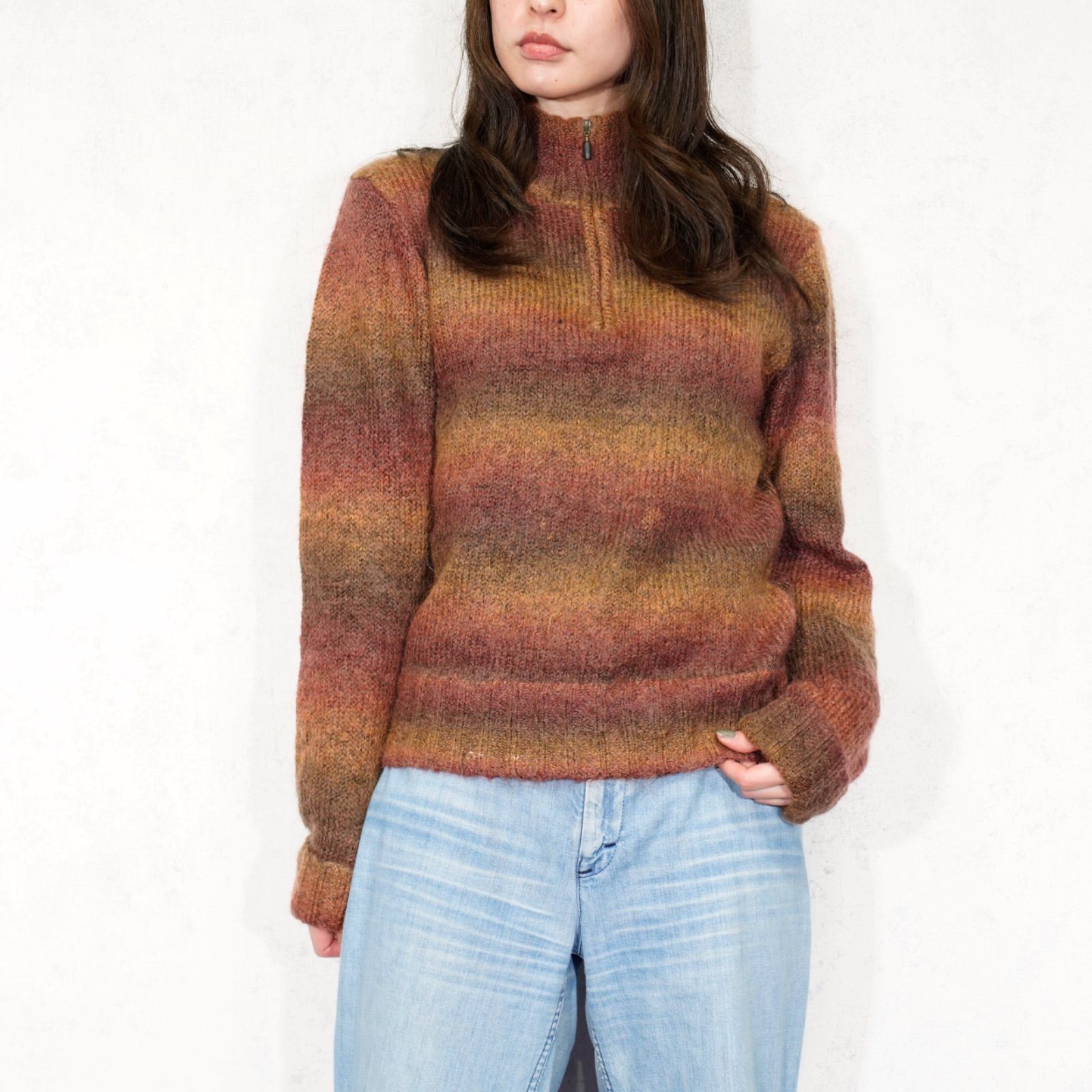 USA VINTAGE EX FFICIO GRADATION BORDER PATTERNED MOHAIR HALF ZIP KNIT|アメリカ古着グラデーションボーダー柄モヘアハーフジップニット