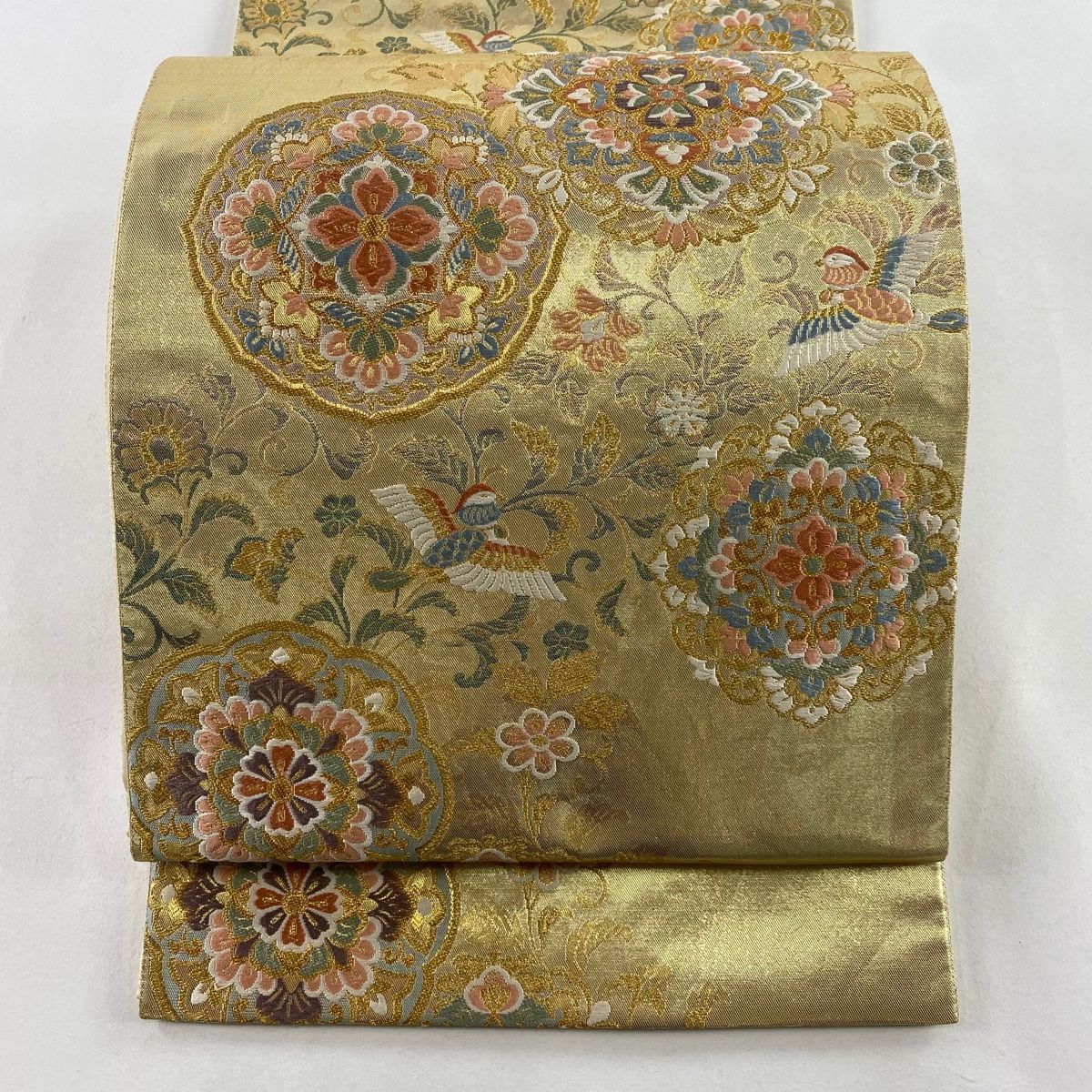 袋帯 秀品 華文 花鳥 唐織 箔 金色 六通 正絹