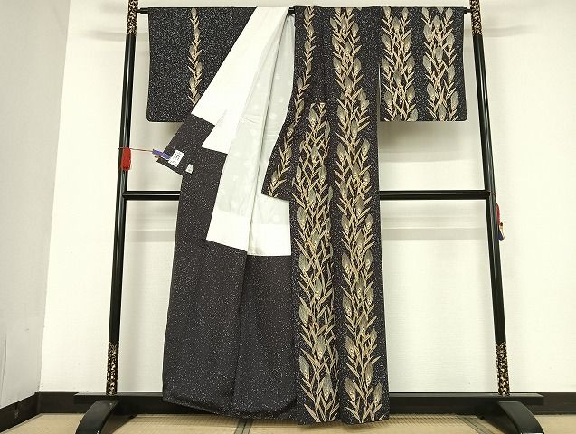 平和屋着物○江戸友禅 小倉貞右 訪問着 紬地 手描き 枝葉文 金彩  