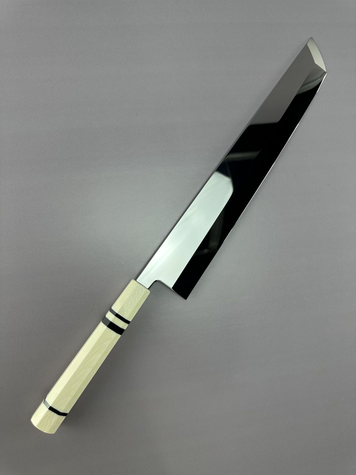 5592 梵静刃物 ウルトラ鏡面(完全手研ぎ)先丸柳刃包丁 尺一 黒檀水牛