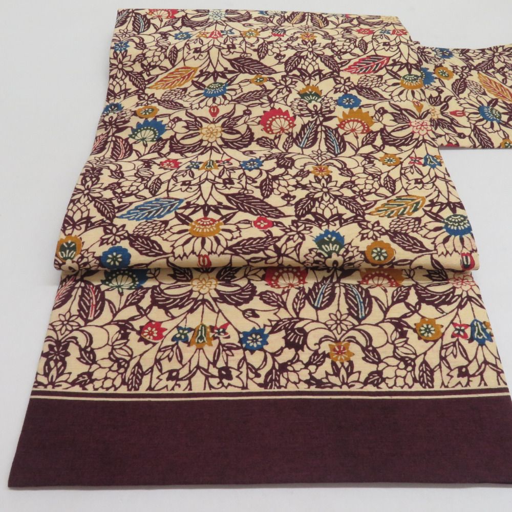 【SALE／37%OFF】 花唐草文様 草木染 型染め 正絹 紬 名古屋帯 黄色 九寸帯 紫色 着物・浴衣