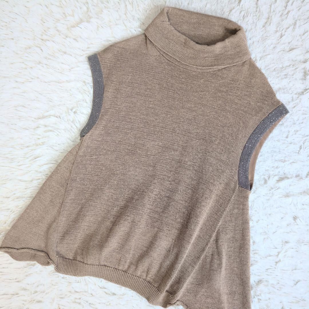 BRUNELLO CUCINELLI ブルネロクチネリ モニーレ装飾 タートルネックフ ニットベスト M ノースリーブ フレンチスリーブ 無地 ラメ オーバーサイズ 綿 コットン 絹 シルク ポリウレタン 伸縮性 ストレッチ ハイネック イタリア製