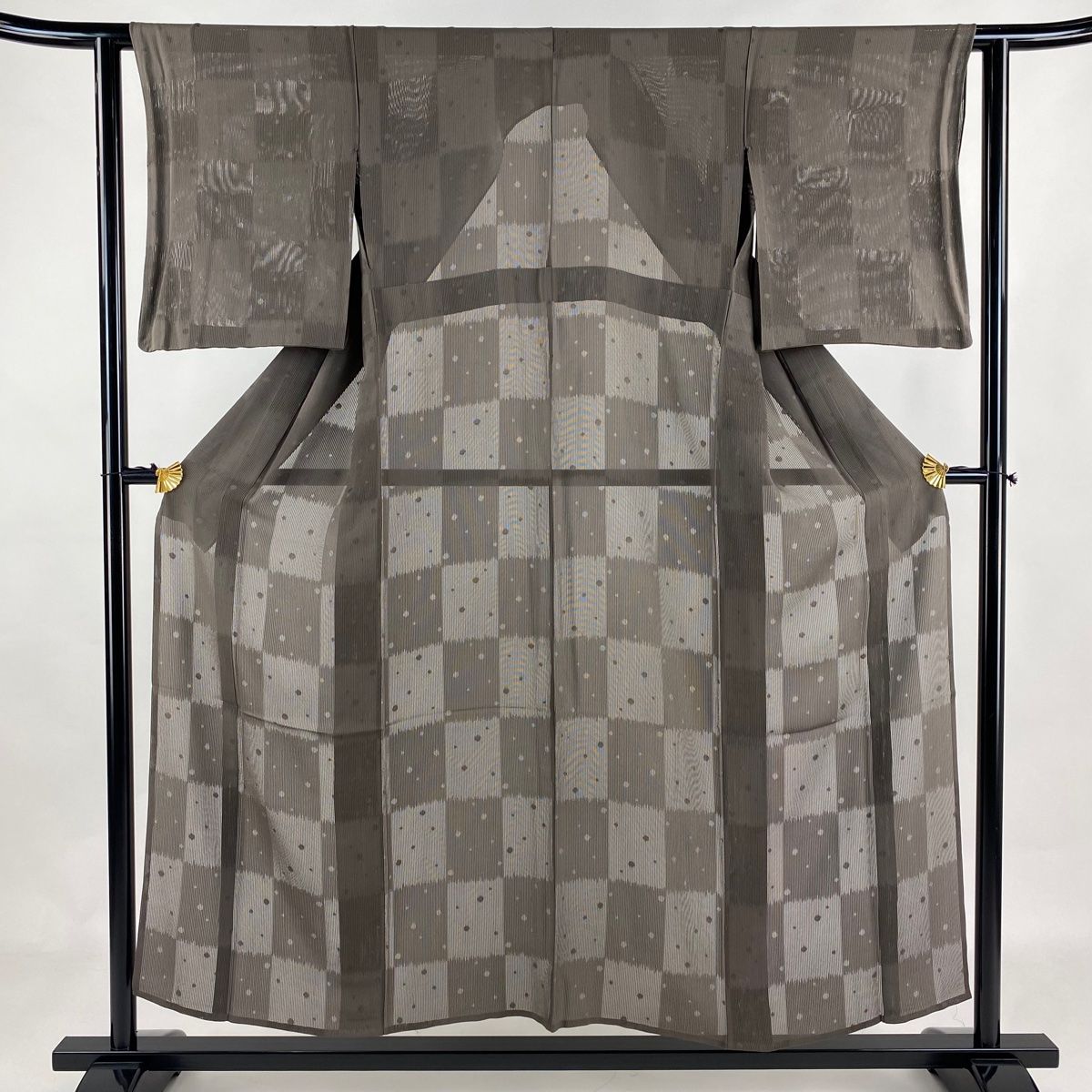 小紋 身丈151cm 裄丈62cm S 薄物 縦絽 市松 丸文 灰茶 正絹 秀品